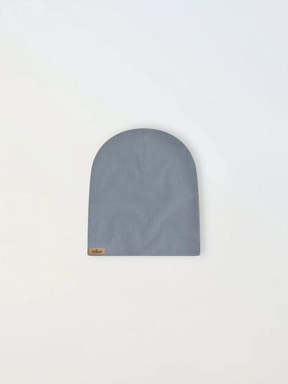 Light blue thin ribbed beanie for toddlers and baby boys; soft, breathable fabric for all-day warmth.