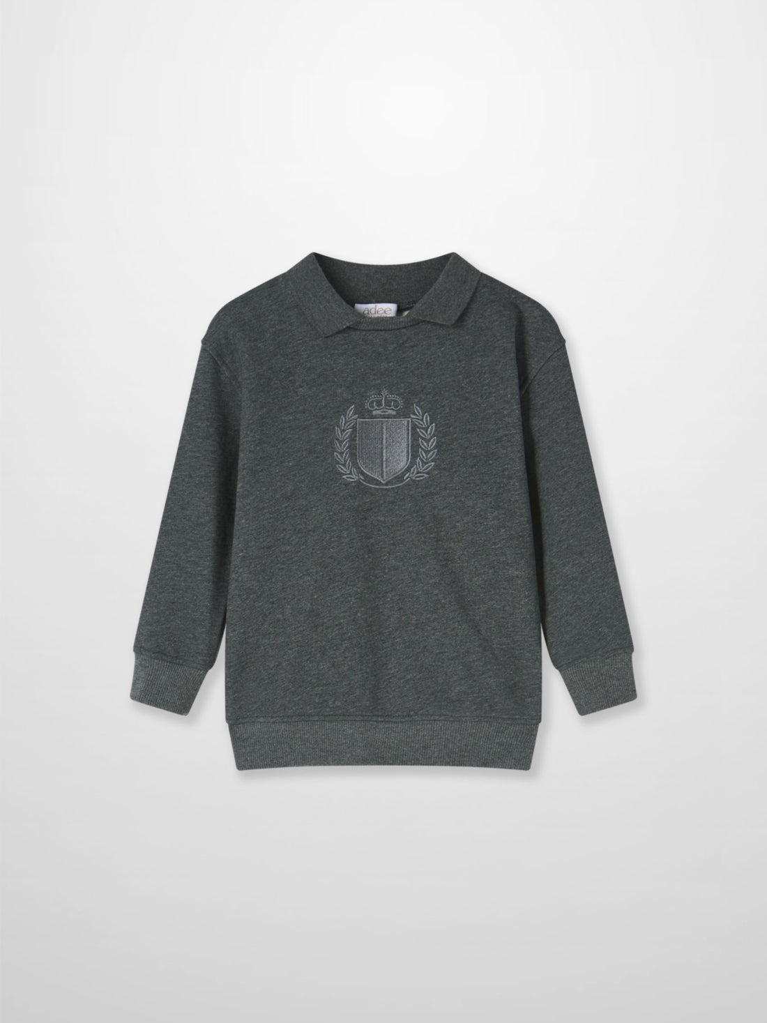 Windsor Sweatshirt by Adee; dark gray heather knit, unisex top with embroidered crest emblem.