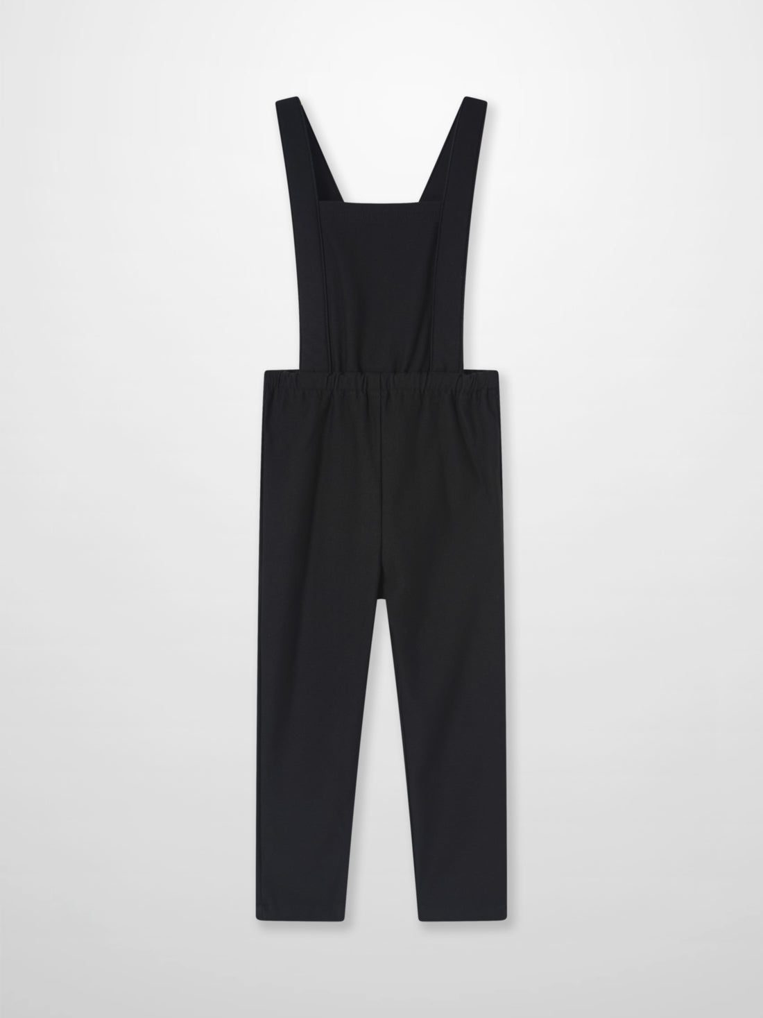 Adee black denim overalls with wide shoulder straps and bib, unisex.