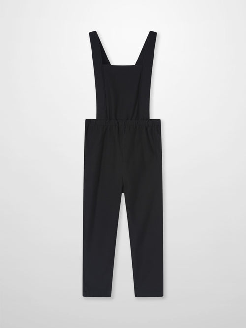 Adee black denim overalls with wide shoulder straps and bib, unisex.