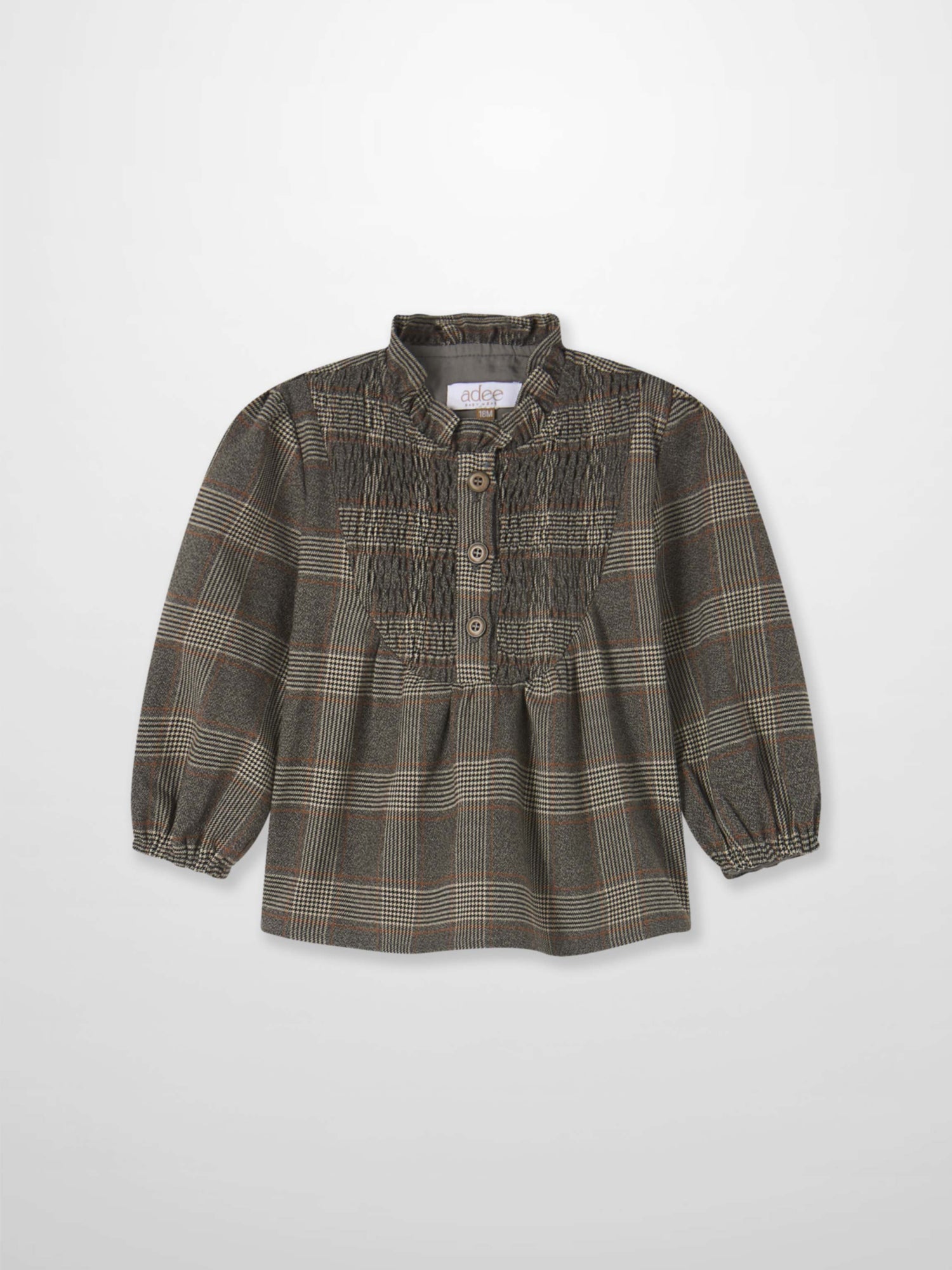 Plaid shirt for little girls in grey, Adee brand, button-front with brown buttons and puff sleeves.