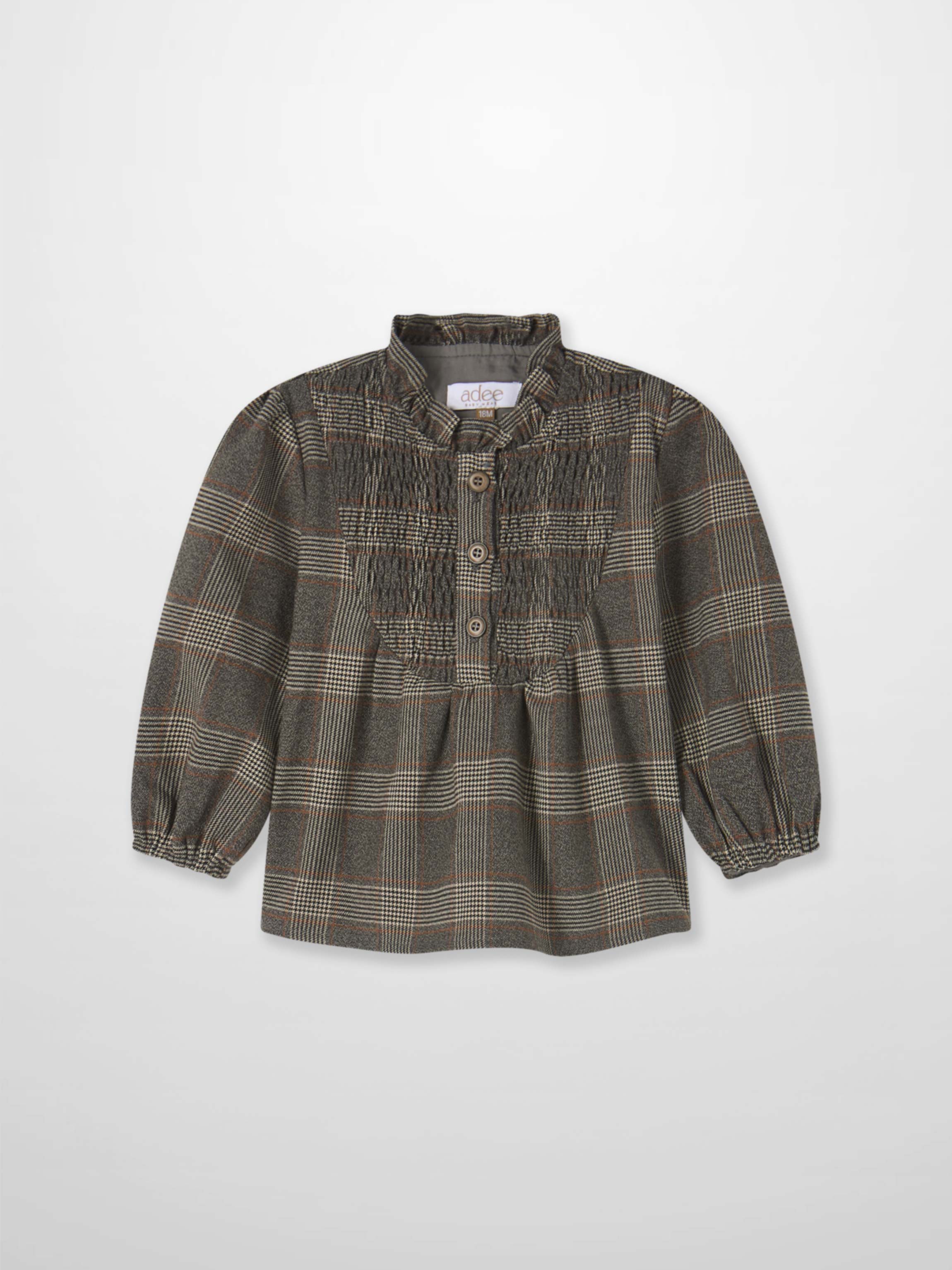 Plaid shirt for little girls in grey, Adee brand, button-front with brown buttons and puff sleeves.