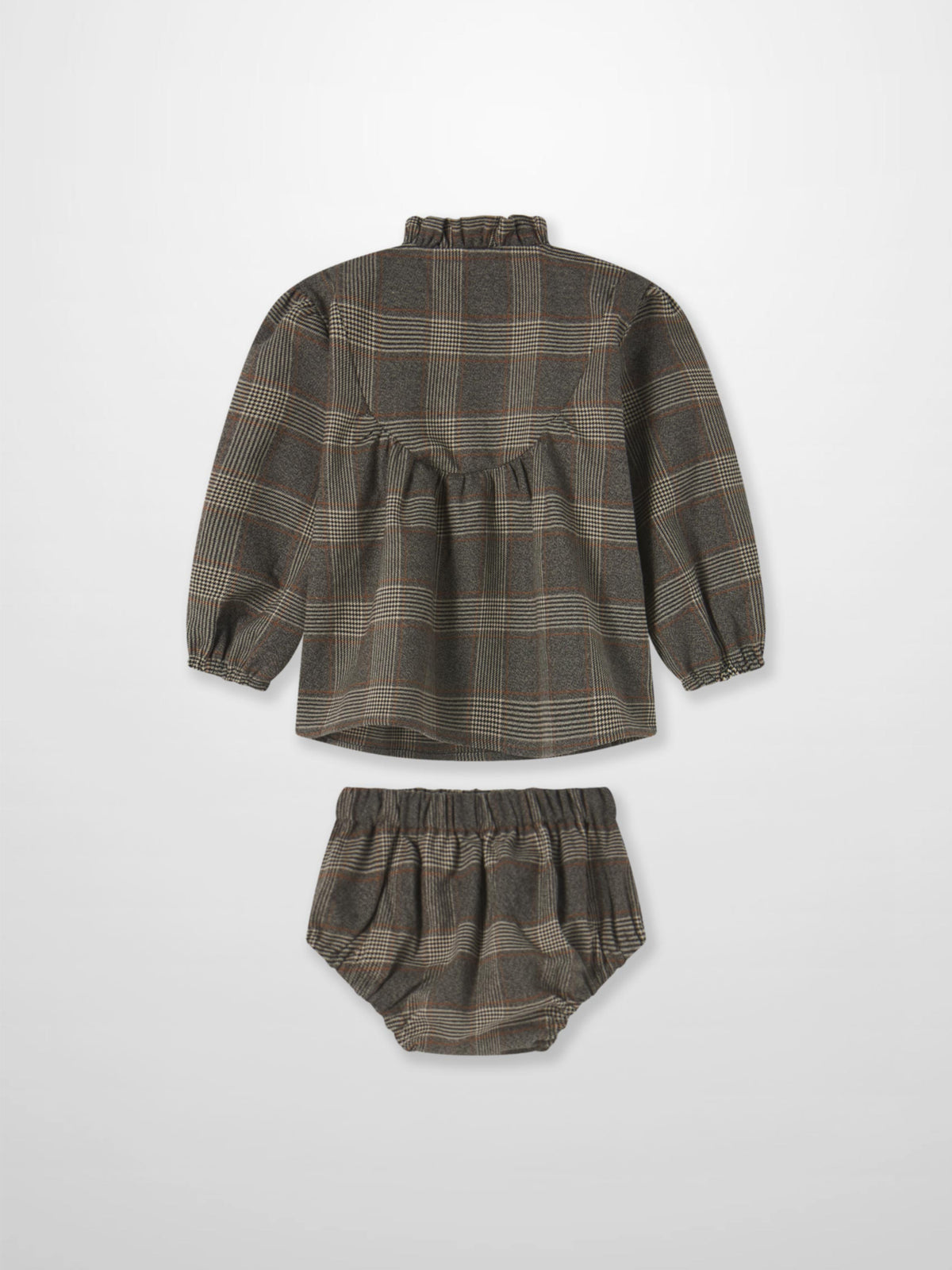Adee Plaid Shirt and Bloomers Set for little girls, grey plaid, 2-piece dressy outfit with long sleeves.