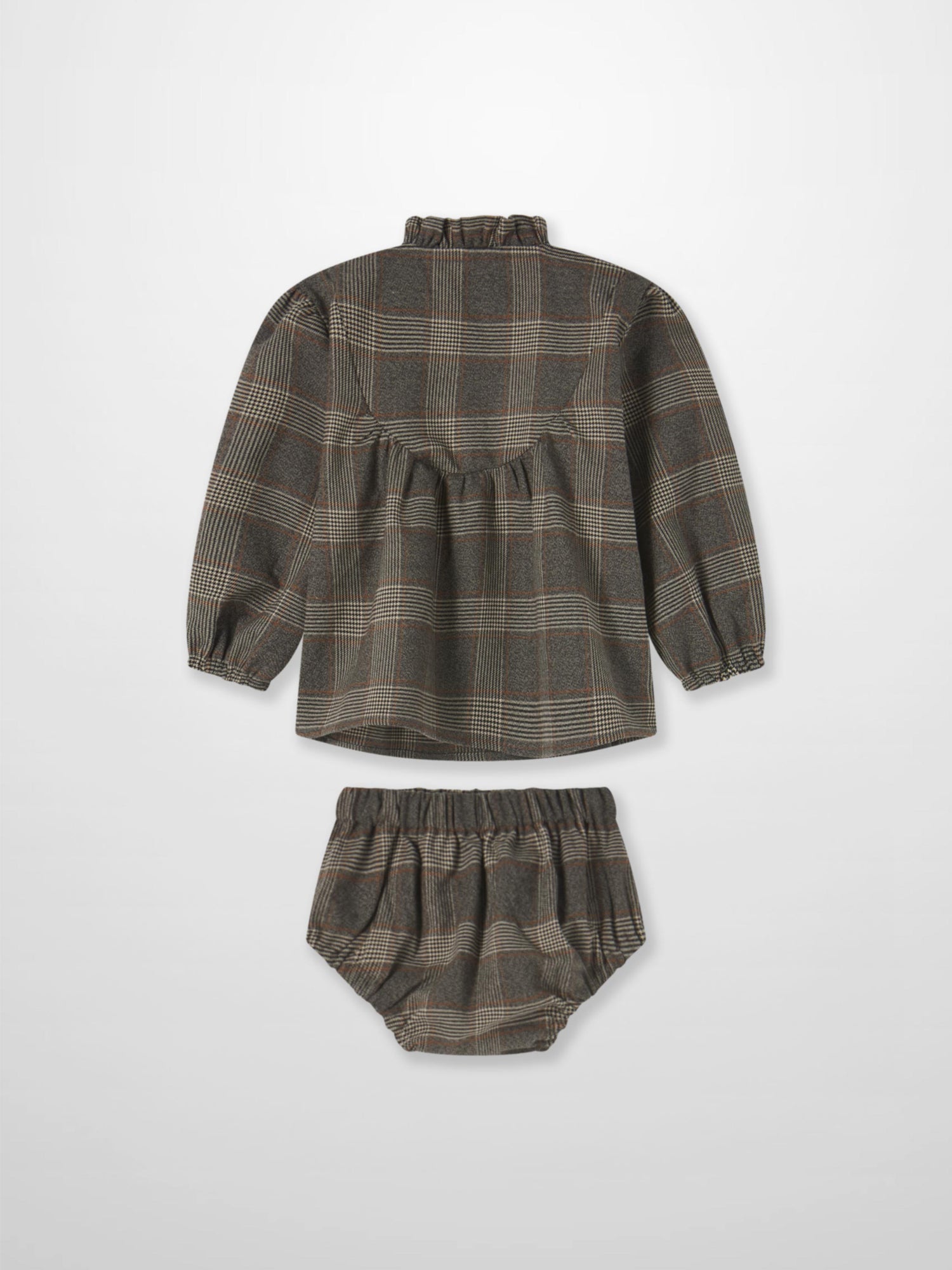 Adee Plaid Shirt and Bloomers Set for little girls, grey plaid, 2-piece dressy outfit with long sleeves.