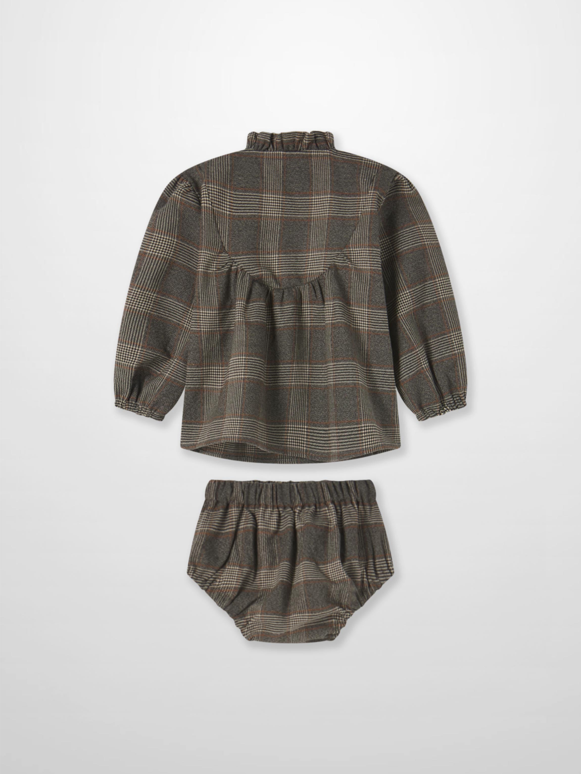 Adee Plaid Shirt and Bloomers Set for little girls, grey plaid, 2-piece dressy outfit with long sleeves.