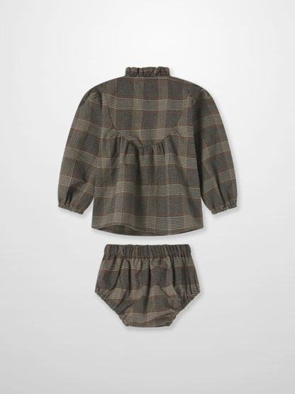 Adee Plaid Shirt and Bloomers Set for little girls, grey plaid, 2-piece dressy outfit with long sleeves.