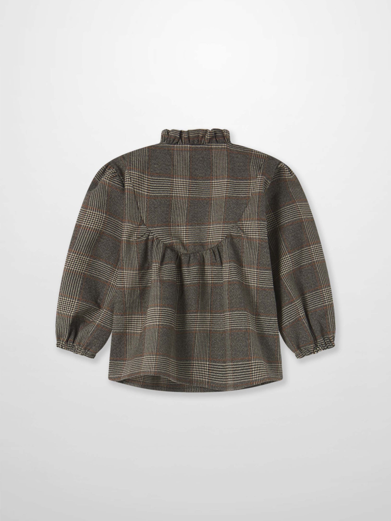 Plaid shirt and bloomers set, grey plaid dress with gathered waist and puff sleeves, back view