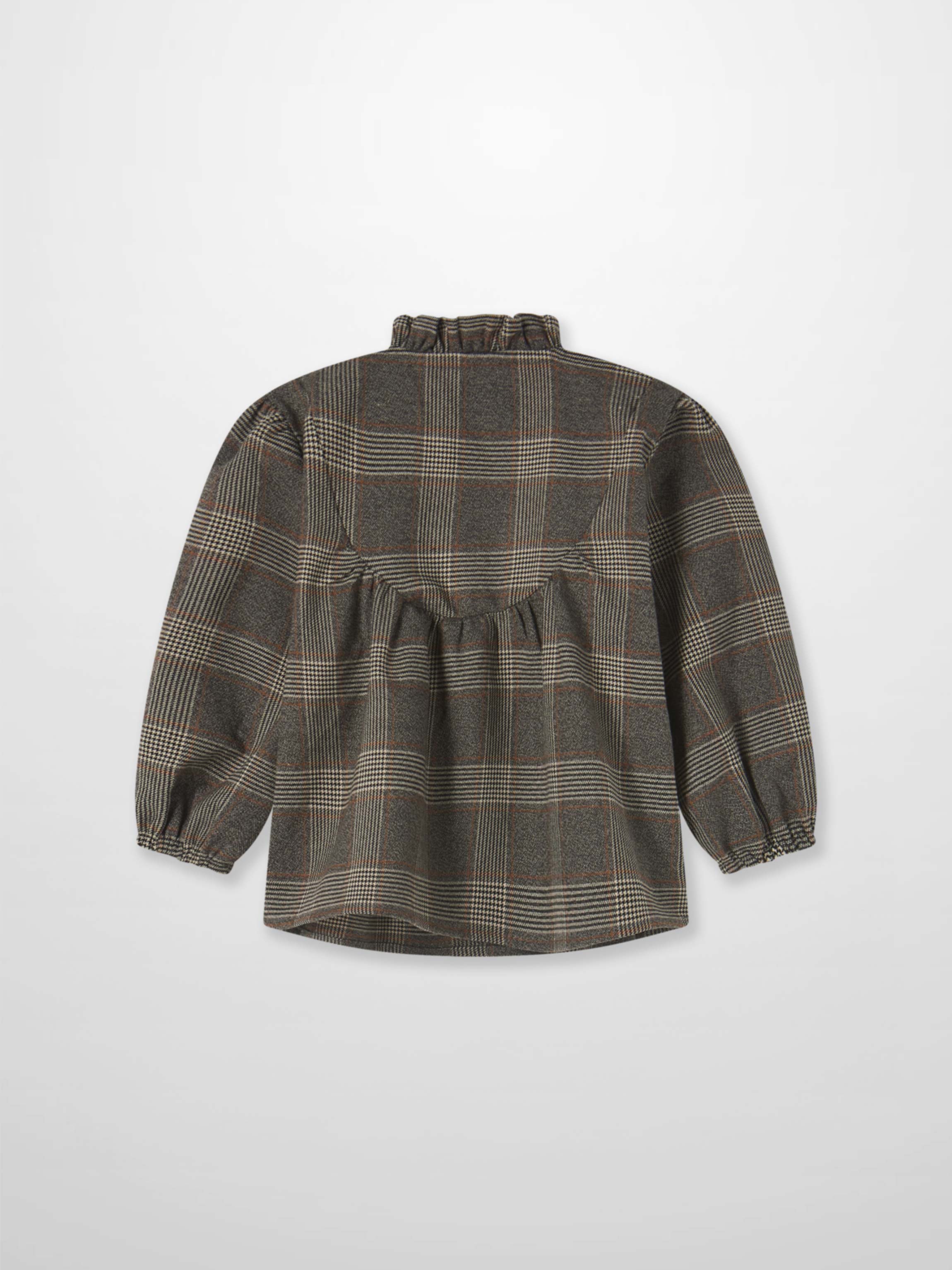 Plaid shirt and bloomers set, grey plaid dress with gathered waist and puff sleeves, back view
