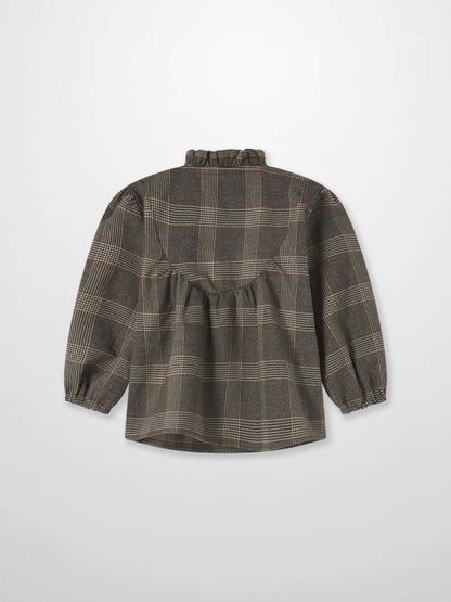 Plaid shirt and bloomers set, grey plaid dress with gathered waist and puff sleeves, back view