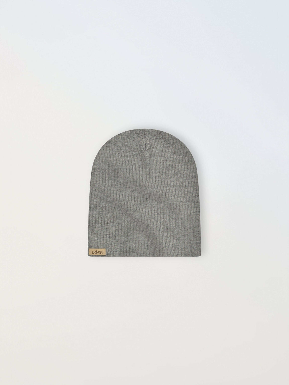 Thin Ribbed Beanie in grey by Adee, unisex knit beanie with logo tag.