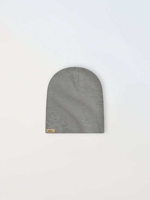 Thin Ribbed Beanie in grey by Adee, unisex knit beanie with logo tag.