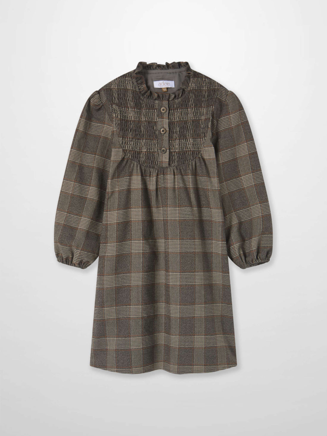 Adee plaid dress for girls, grey with long sleeves and button-front smocked bodice