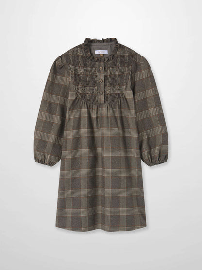 Adee plaid dress for girls, grey with long sleeves and button-front smocked bodice