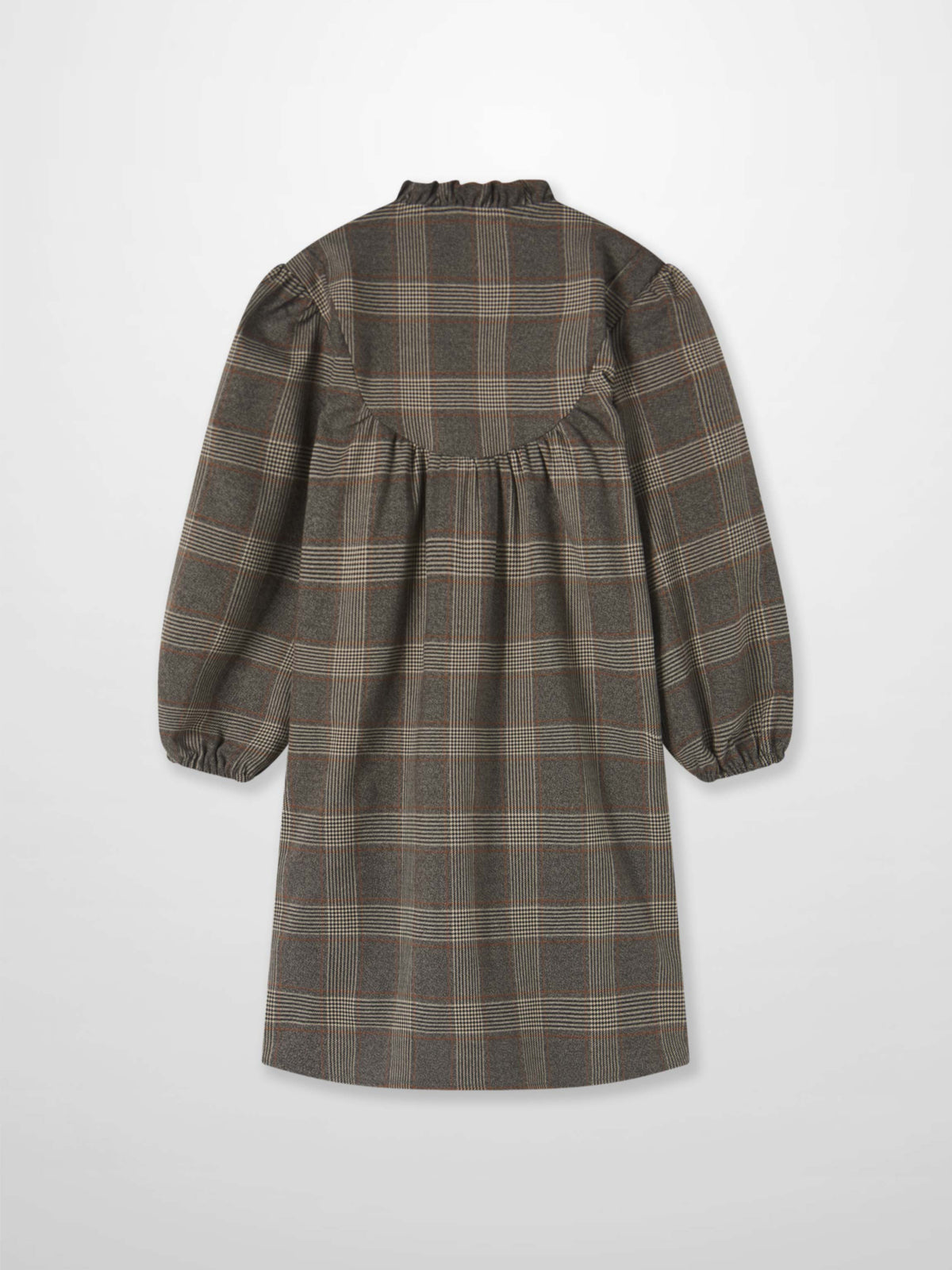 Adee plaid dress for girls, grey plaid, dressy back view with gathered yoke and puff sleeves