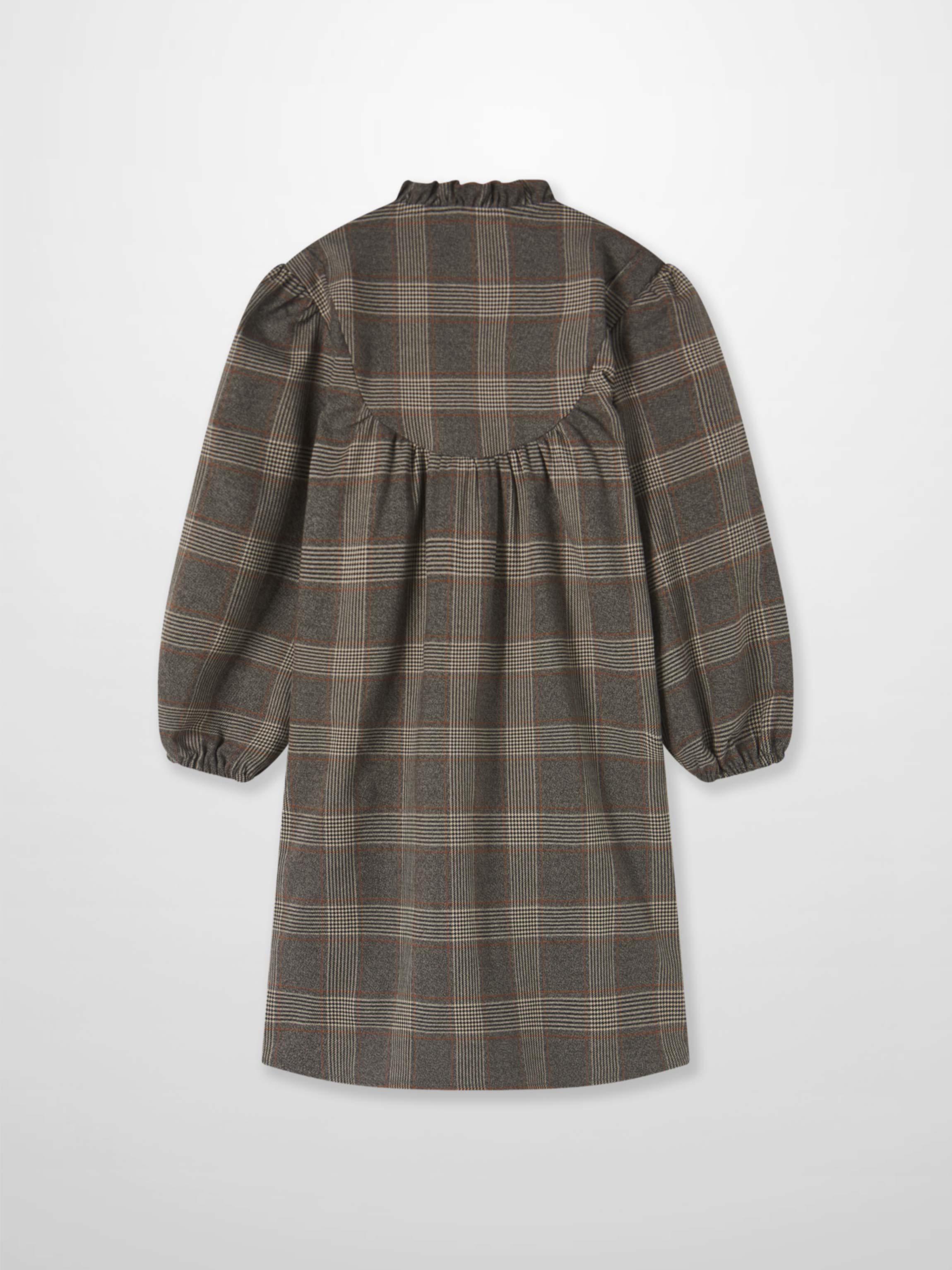 Adee plaid dress for girls, grey plaid, dressy back view with gathered yoke and puff sleeves
