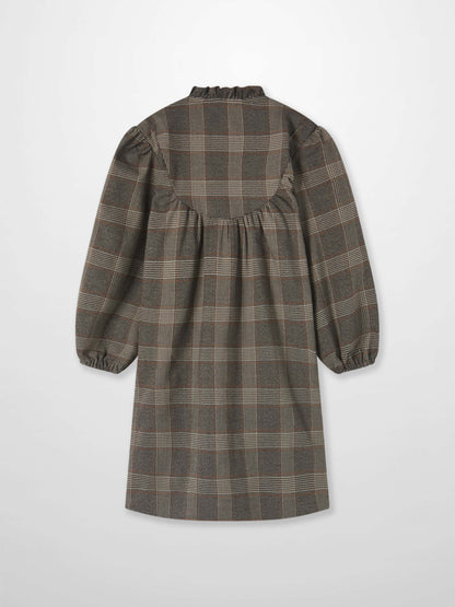 Adee plaid dress for girls, grey plaid, dressy back view with gathered yoke and puff sleeves