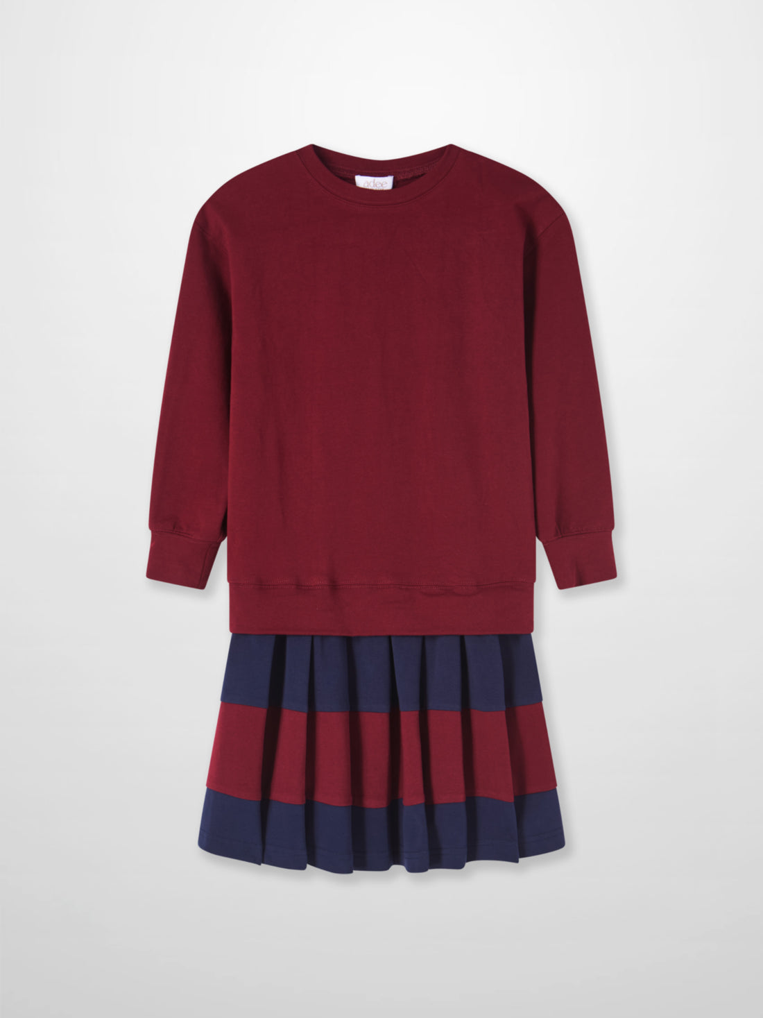 Drop Waist Dress for girls in burgundy with navy pleated hem by Adee.