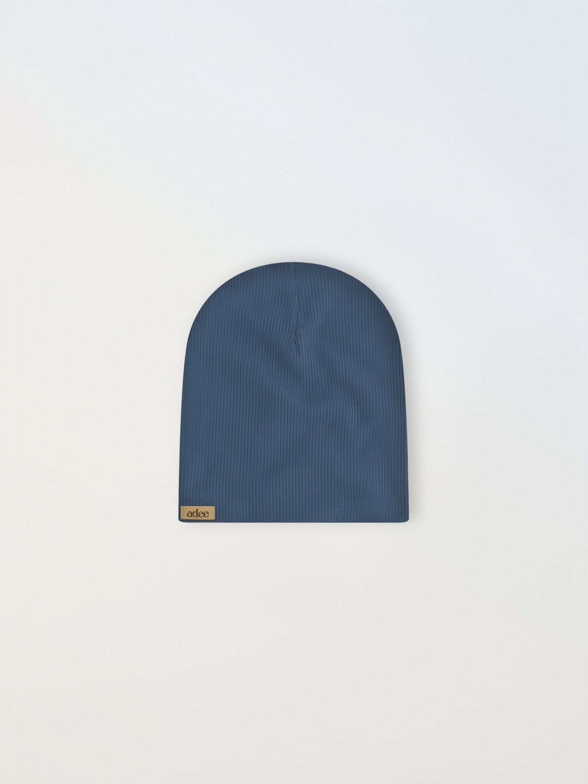 Blue thin-ribbed beanie for babies and toddlers, soft and lightweight.