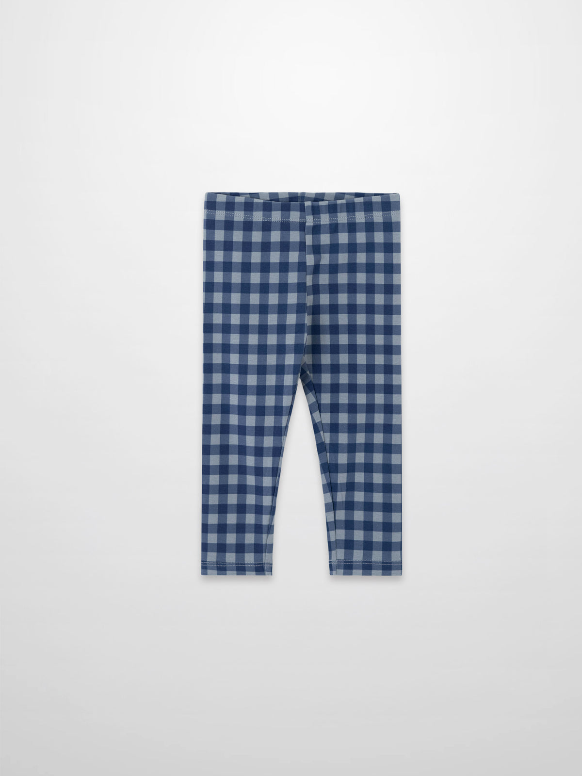 Blue gingham pajama pants laid flat