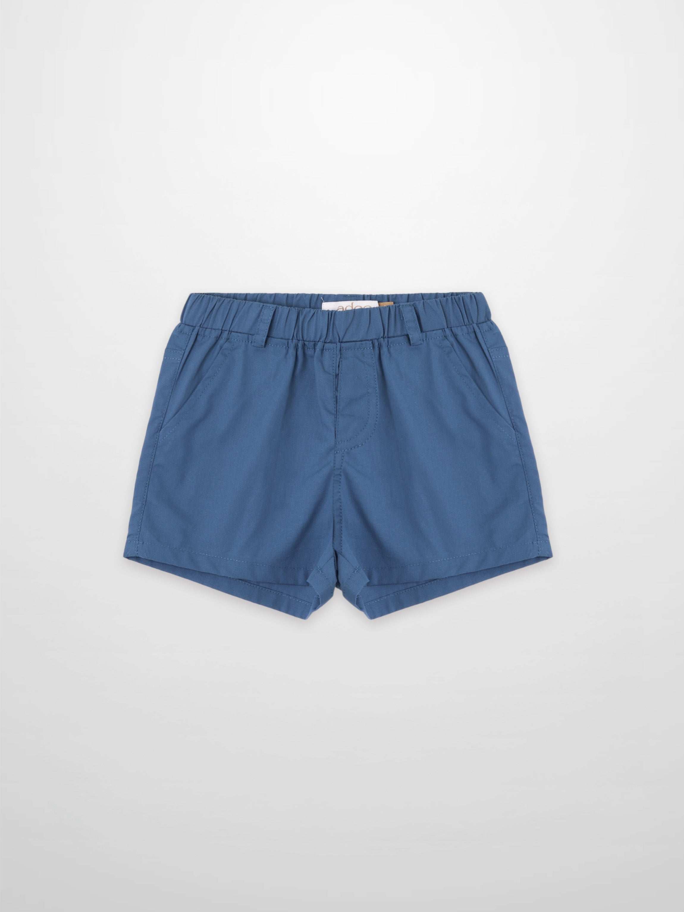 Blue cotton shorts for boys by Adee, dressy bottoms with elastic waistband and belt loops, front pockets.
