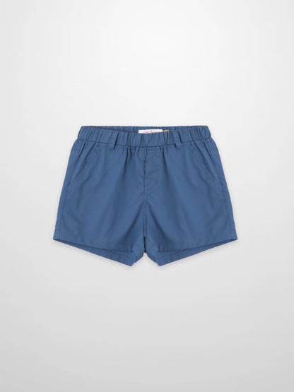 Blue cotton shorts for boys by Adee, dressy bottoms with elastic waistband and belt loops, front pockets.