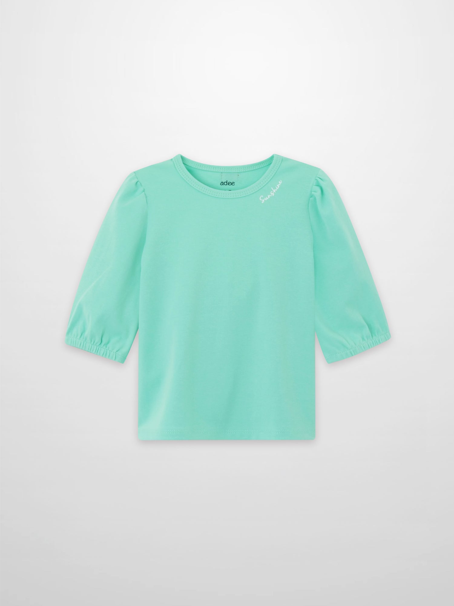 Girls mint green 3/4 puff sleeve T-shirt by Adee with Sunshine script text