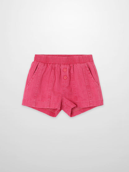 Paneled pink denim shorts for girls with elastic waistband and front buttons