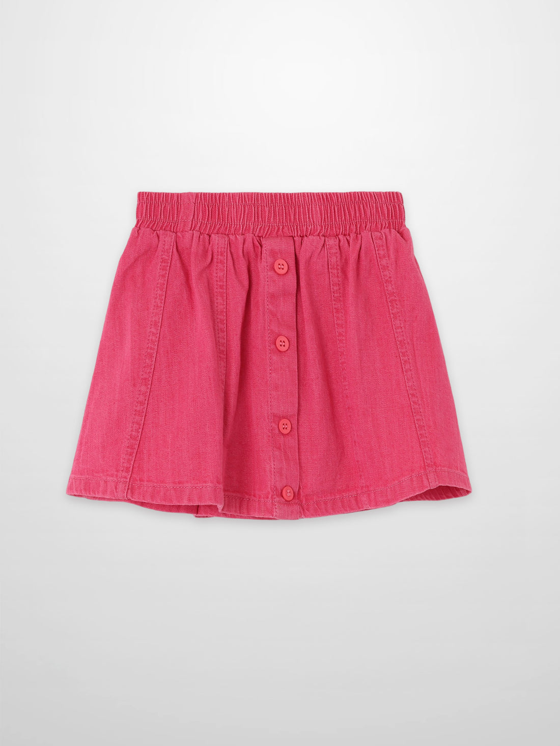 Paneled pink denim girls skirt by Adee with elastic waistband and front button placket
