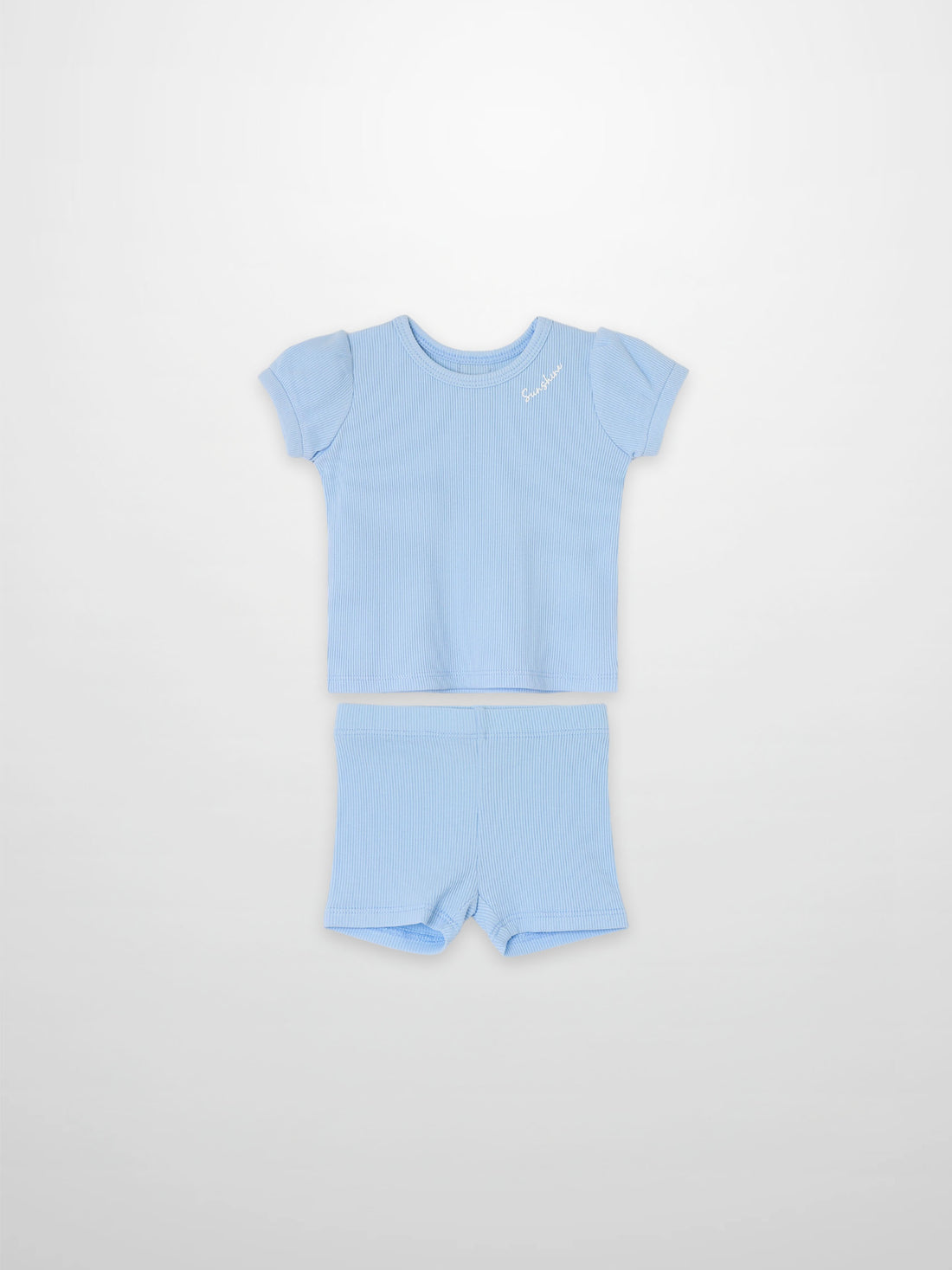 Ribbed Short Puff Sleeve T-shirt &amp; Shorts Set - Light Blue