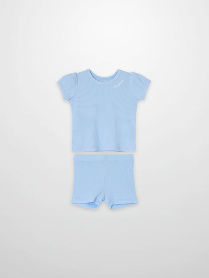 Ribbed Short Puff Sleeve T-shirt &amp; Shorts Set - Light Blue