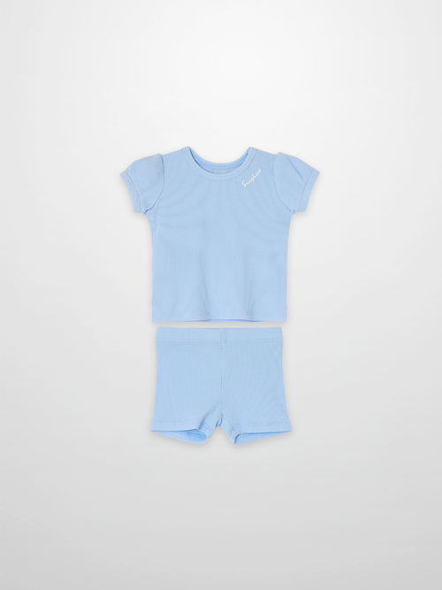 Ribbed short puff sleeve T-shirt &amp; shorts 2-piece set by Adee for little girls in light blue