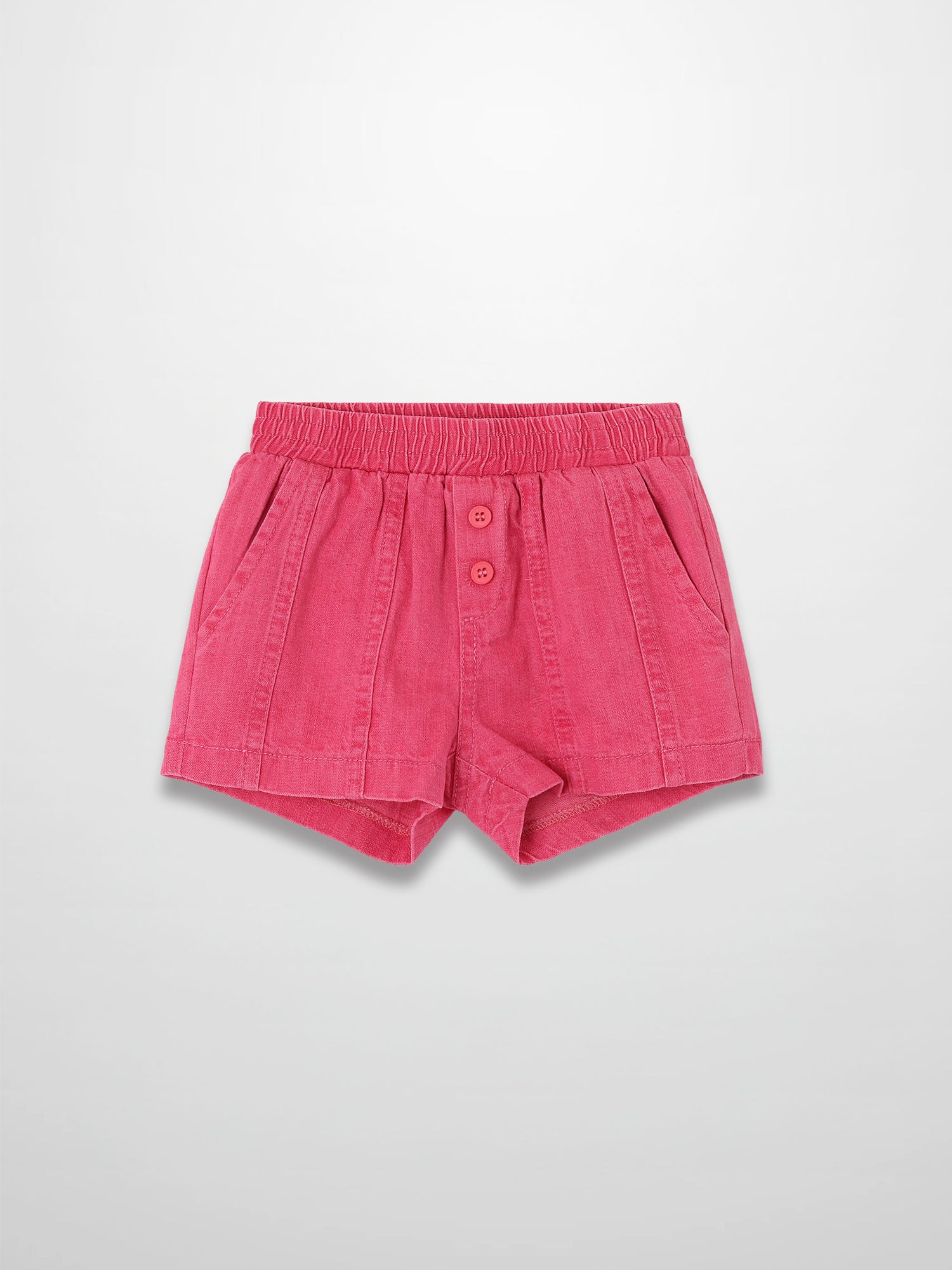 Paneled Shorts - Pink Denim, elastic waistband, front buttons, and pockets.