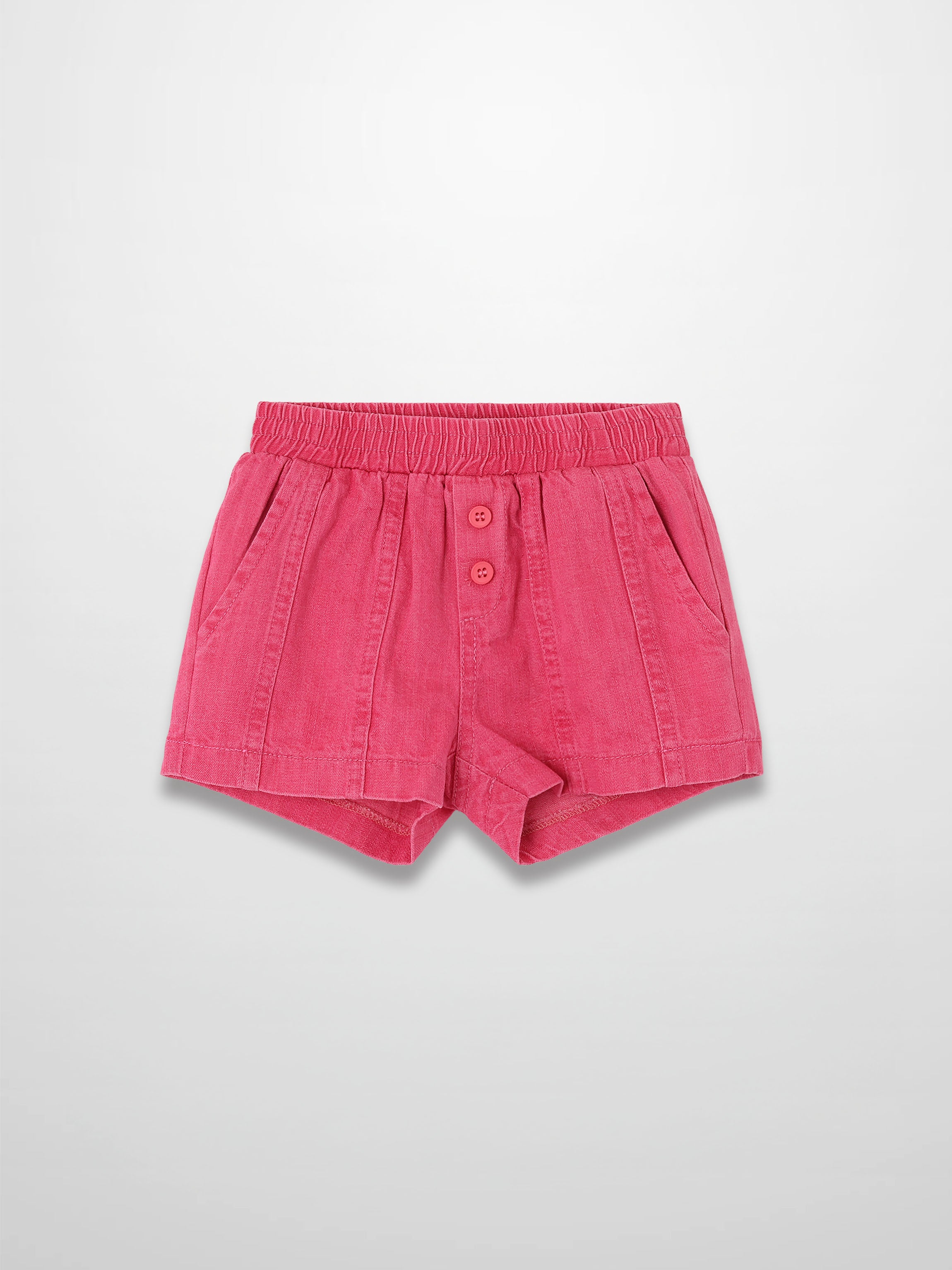 Paneled Shorts - Pink Denim, elastic waistband, front buttons, and pockets.