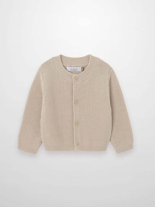 Knit Cardigan - Tan by Adee, unisex dressy knit top with button front and ribbed cuffs.