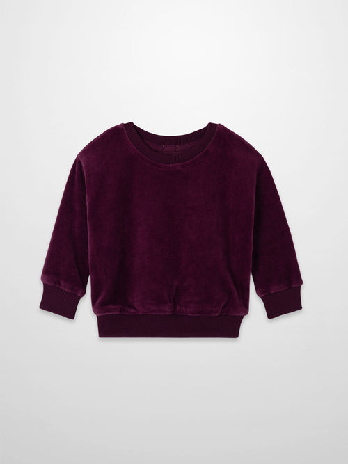 Velour Logo Sweatshirt for girls in burgundy velour with ribbed cuffs and hem