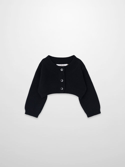 Cropped black cardigan by Adee; knit, button-front, unisex dressy top.