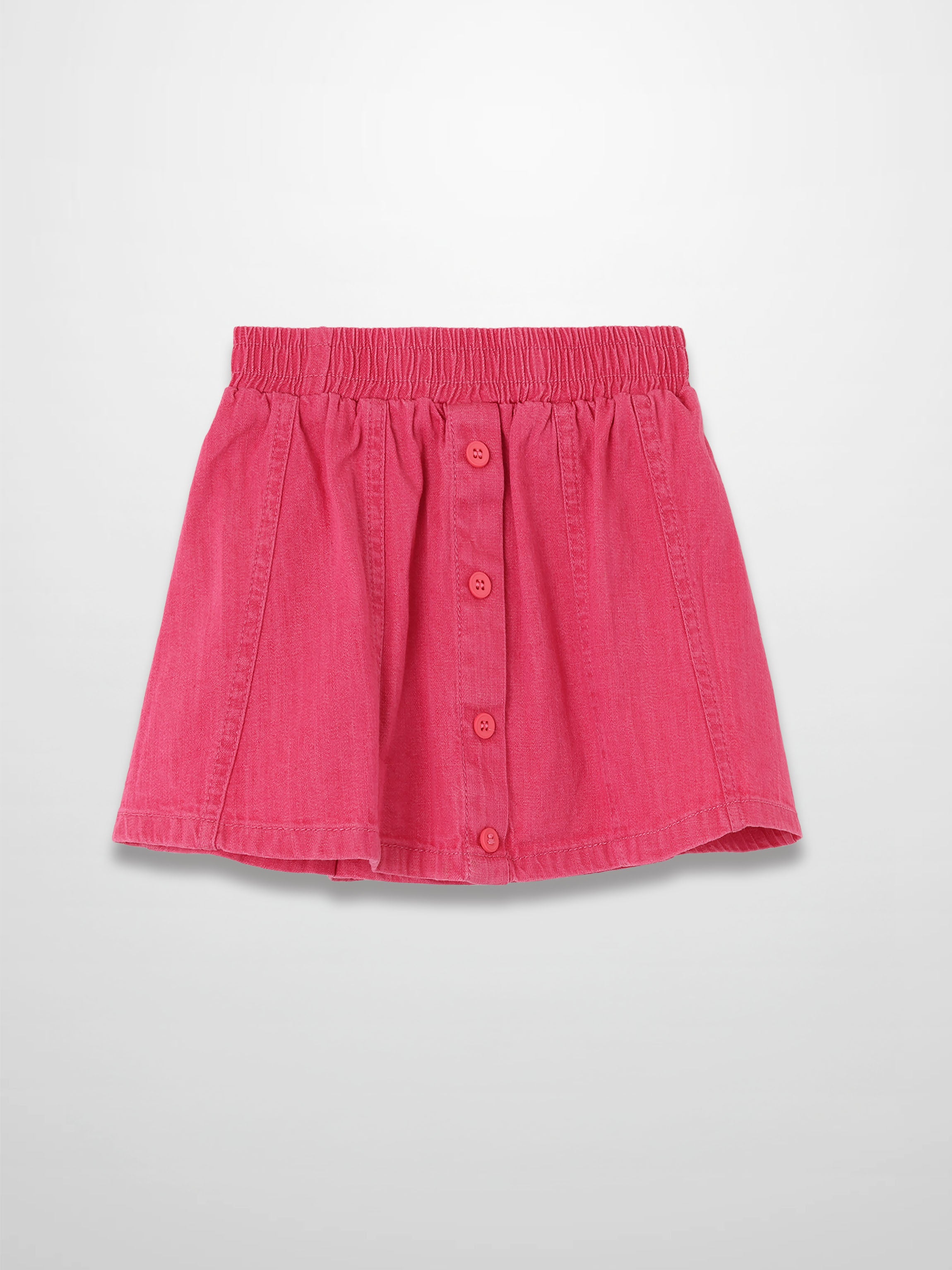 Paneled pink denim skirt with front button placket and elastic waistband