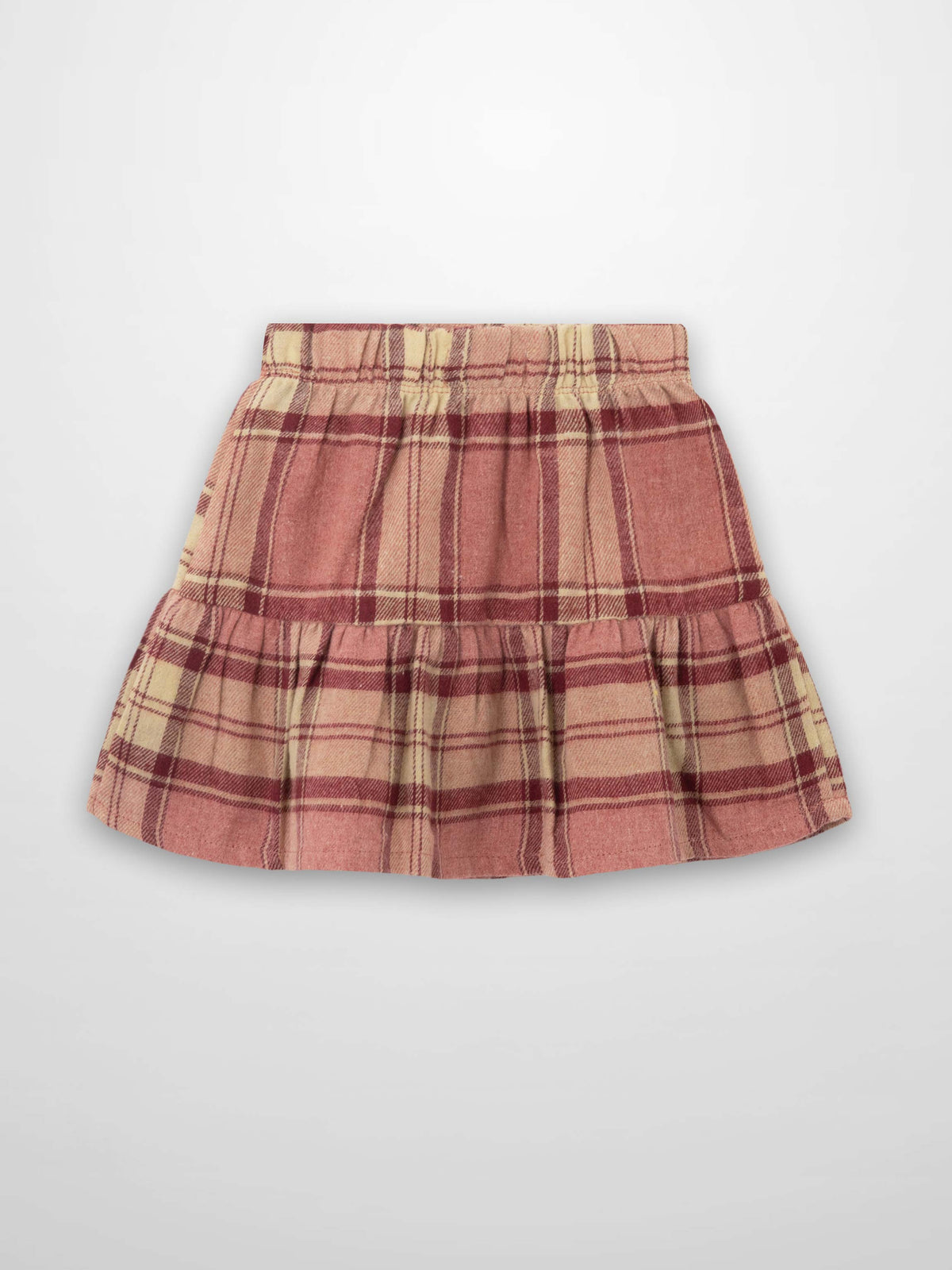 Plaid skirt for girls by Adee in pink and red plaid with a two-tiered ruffled hem.