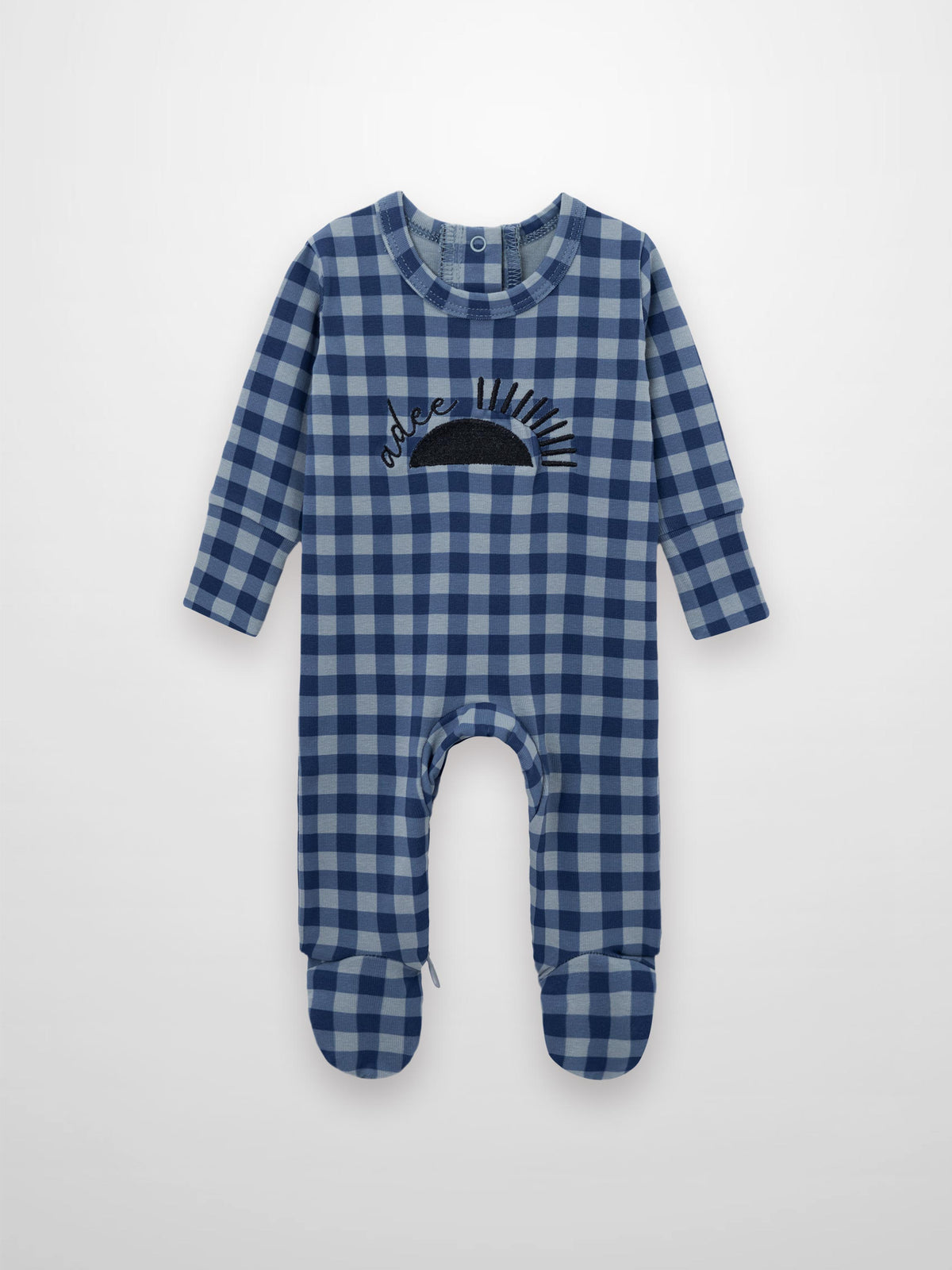 Blue gingham stretchy baby footie with sun motif and Adee script, back snaps and hidden inseam zipper.