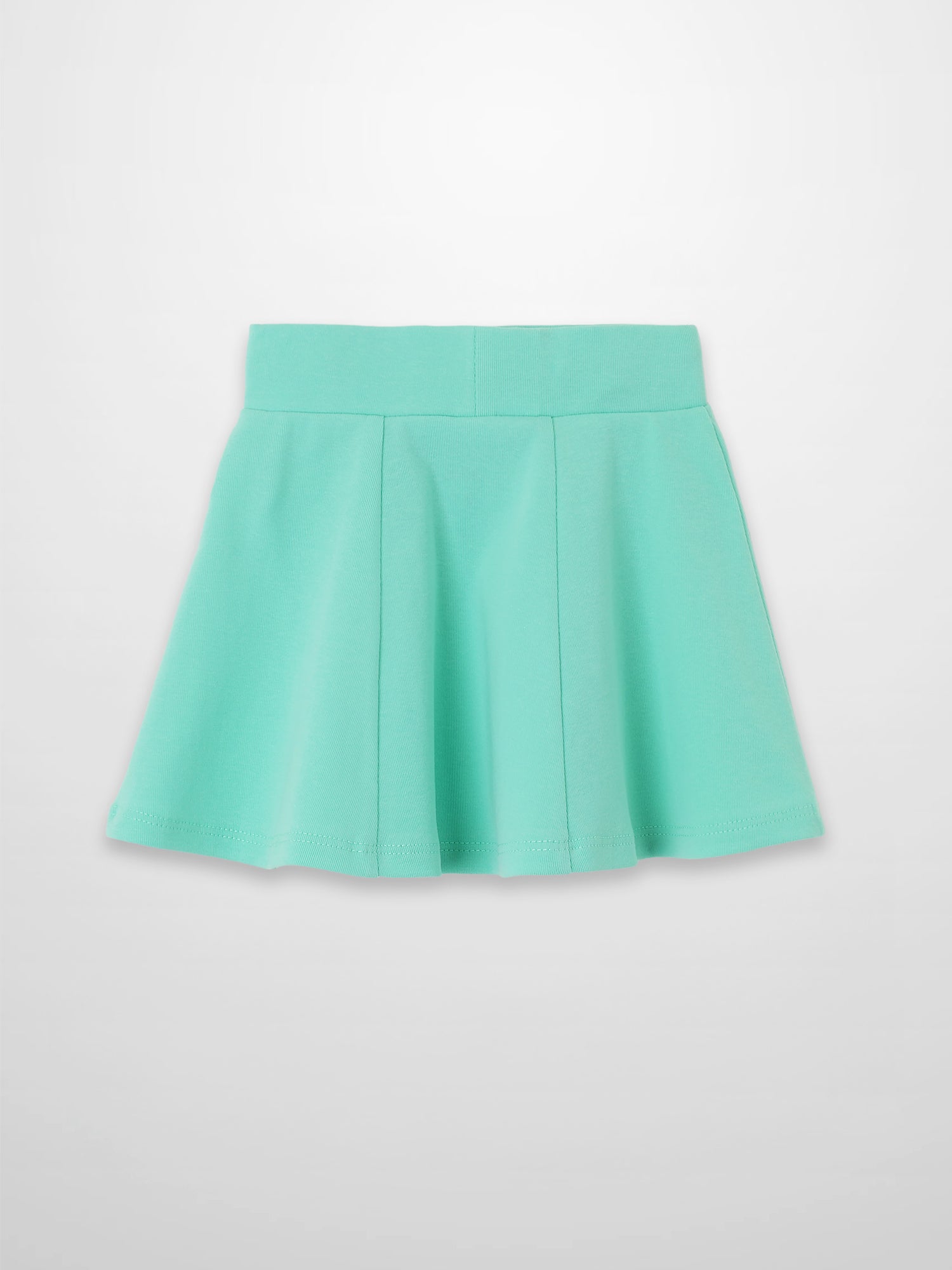 Mint green 6-panel skirt with a wide waistband and A-line silhouette.