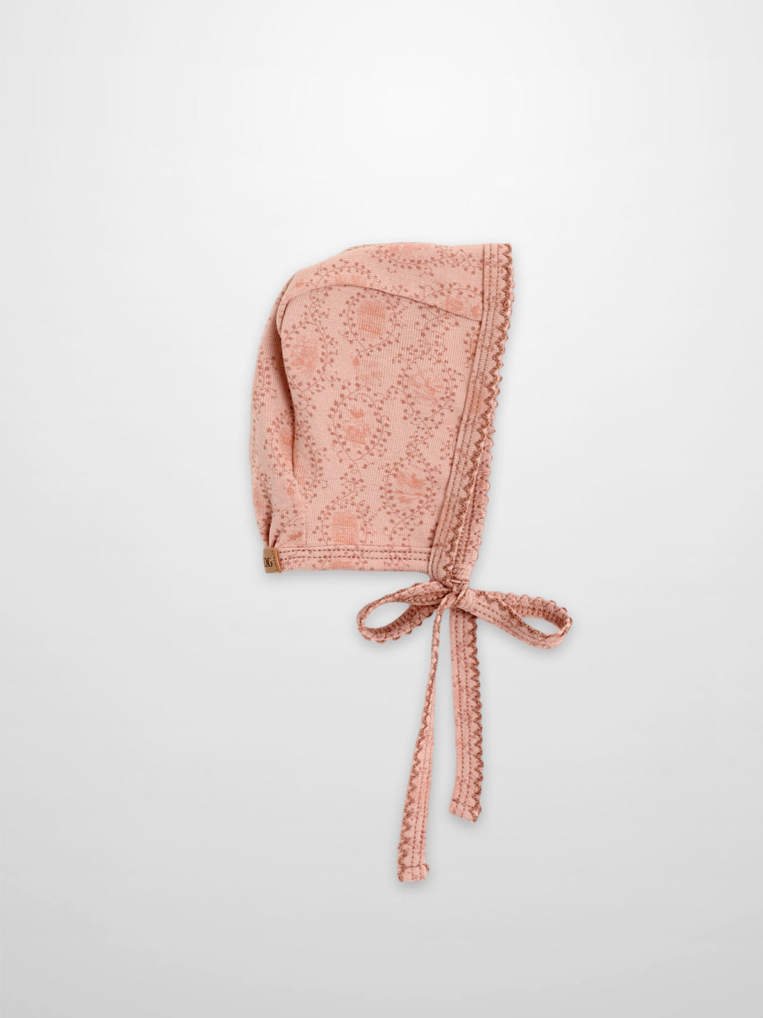 Pink Charm Bonnet by Adee; girls bonnet with trailing vines and tiny leaf pattern, lace trim and ties.
