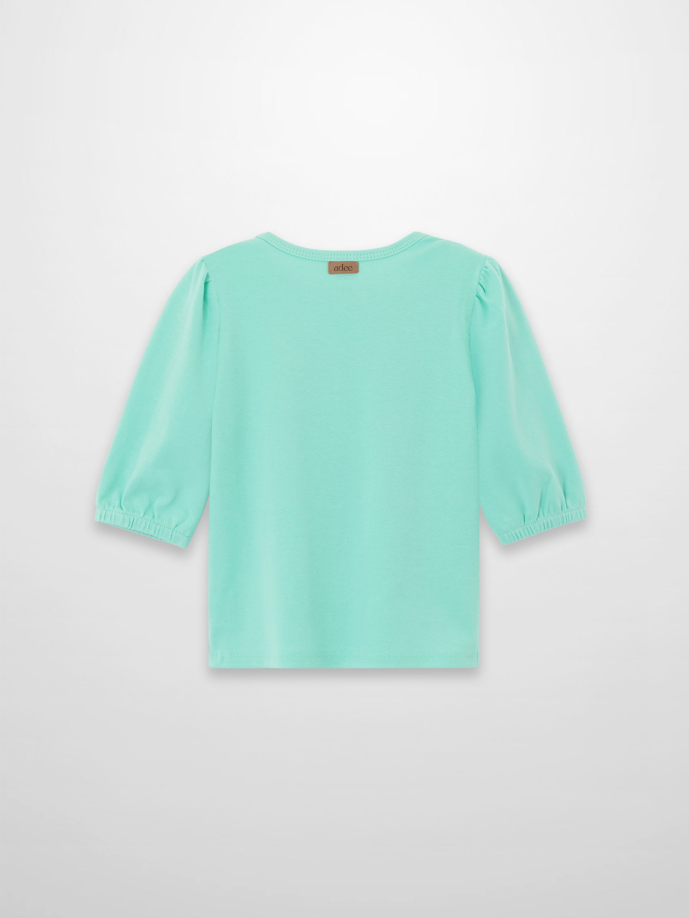 Mint green 3/4 puff sleeve T-shirt, back view with gathered elastic cuffs and neck tag.