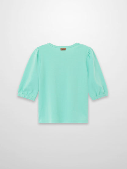 Mint green 3/4 puff sleeve T-shirt, back view with gathered elastic cuffs and neck tag.