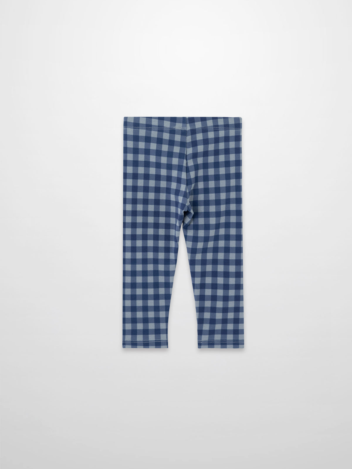 Blue gingham check pajama pants laid flat
