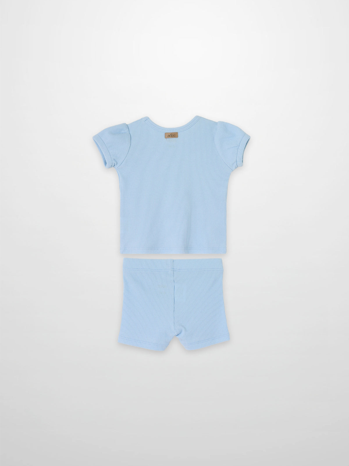 Ribbed light-blue short puff-sleeve T-shirt and shorts set for little girls by Adee