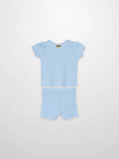 Ribbed Short Puff Sleeve T-shirt &amp; Shorts Set - Light Blue