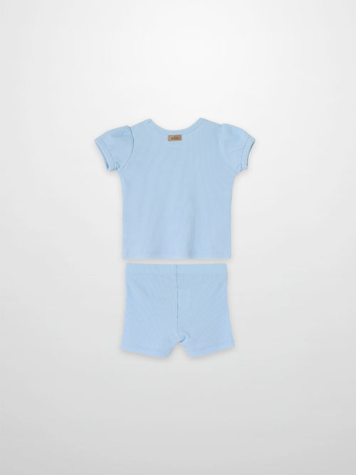 Ribbed light-blue short puff-sleeve T-shirt and shorts set for little girls by Adee