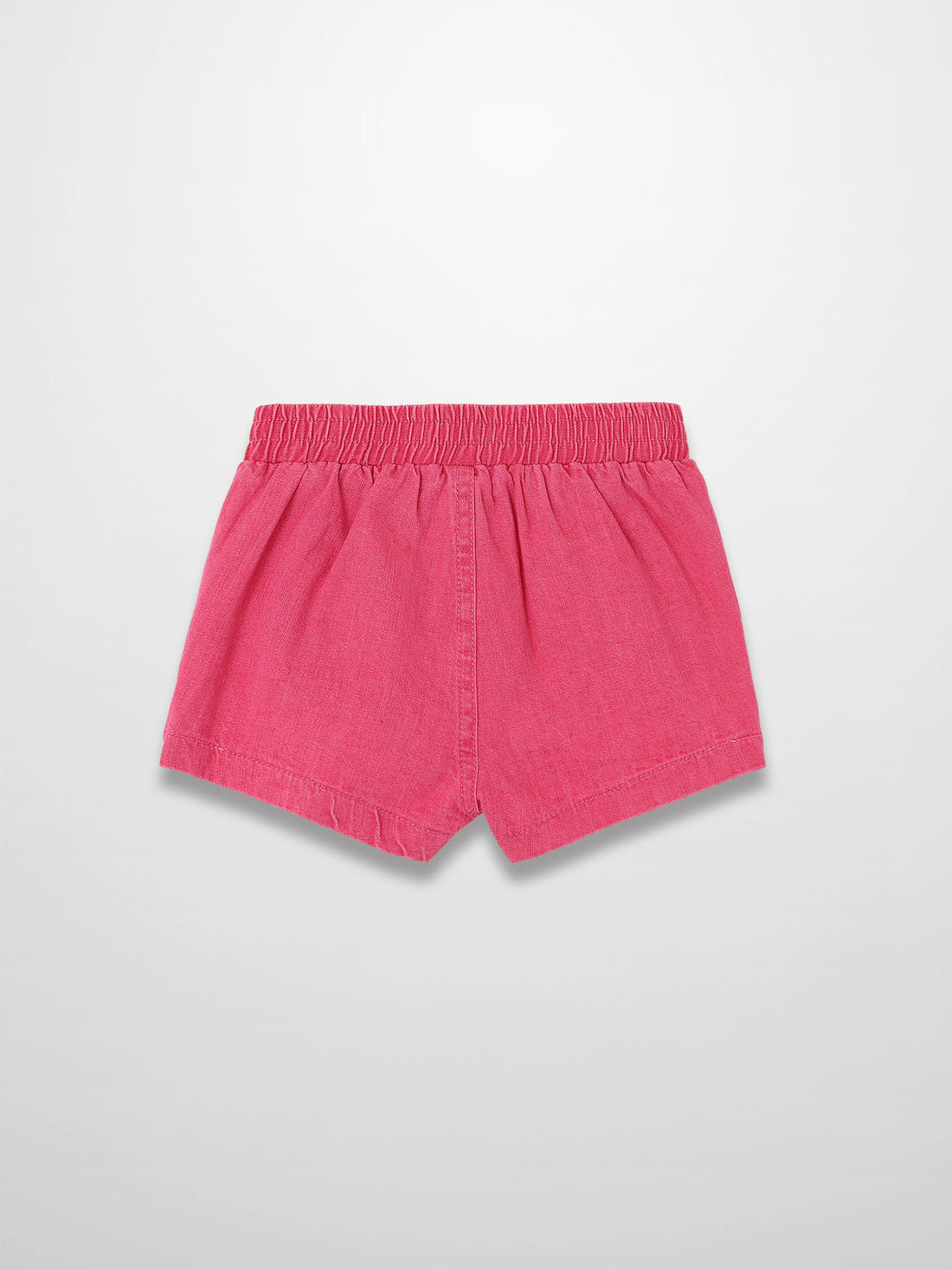 Paneled pink denim shorts with an elastic waistband.
