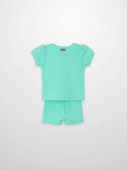 Short puff-sleeve T-shirt and shorts set in mint green by Adee for little girls