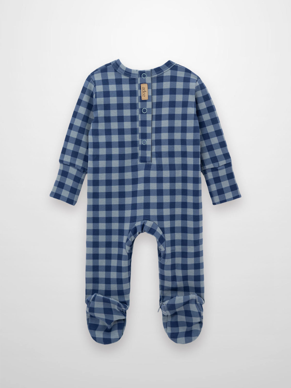 Blue gingham baby footed romper with back snaps and hidden leg zipper, sun embroidery and Adee script front.
